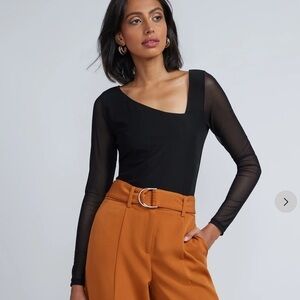 New York & Company Asymmetric Neck Mesh Black Top Long Sleeve NWT Size M